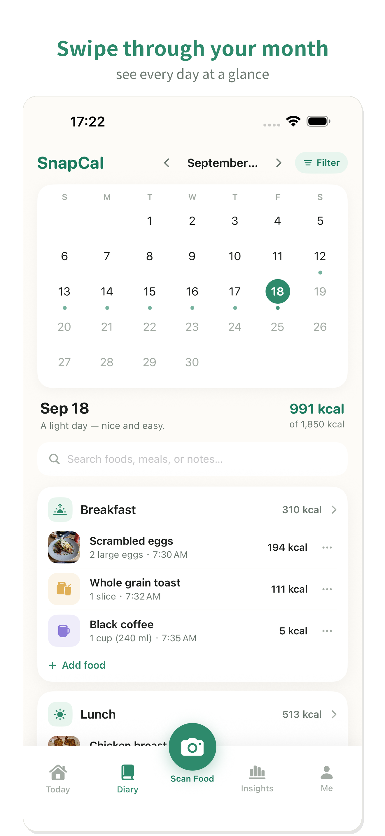 SnapCal Food diary screen