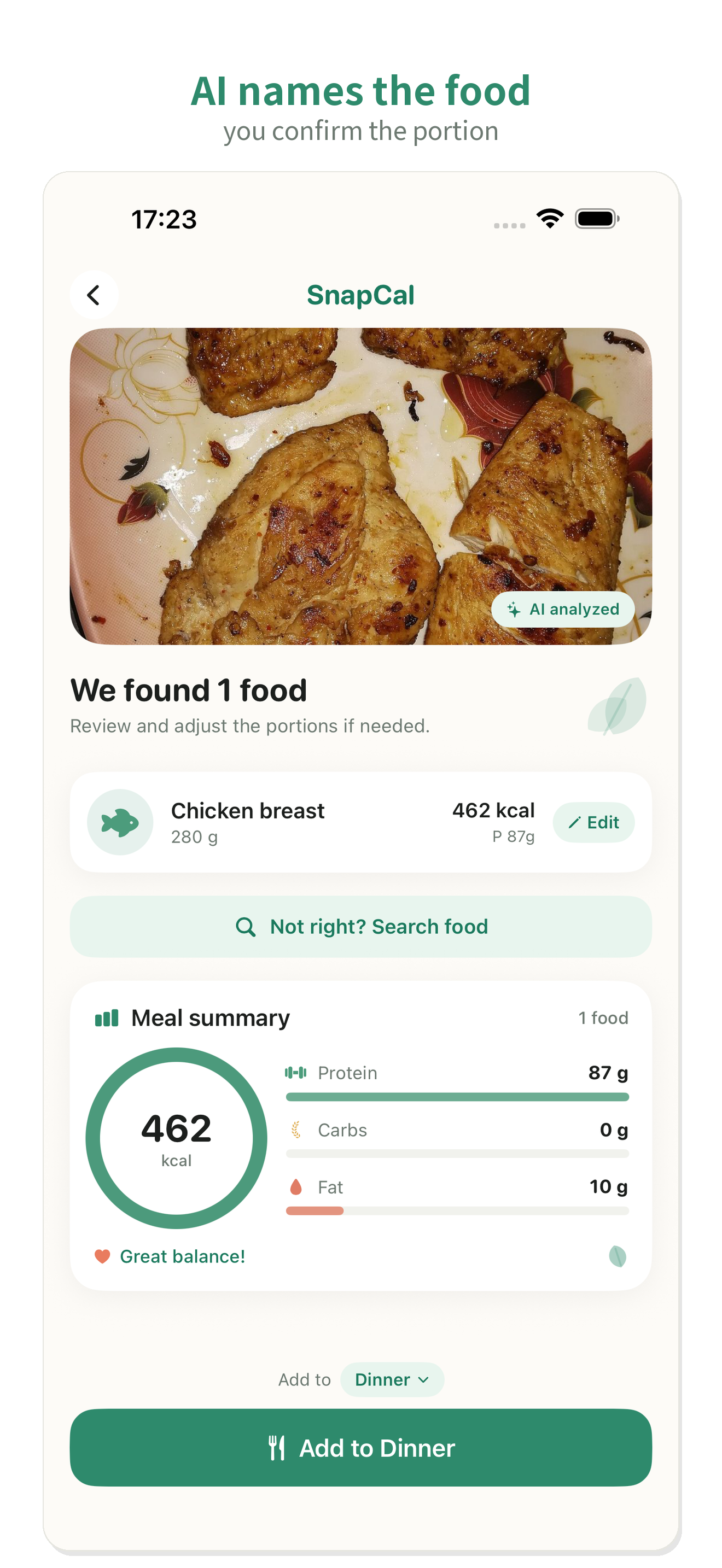 SnapCal Food recognition and portion review screen
