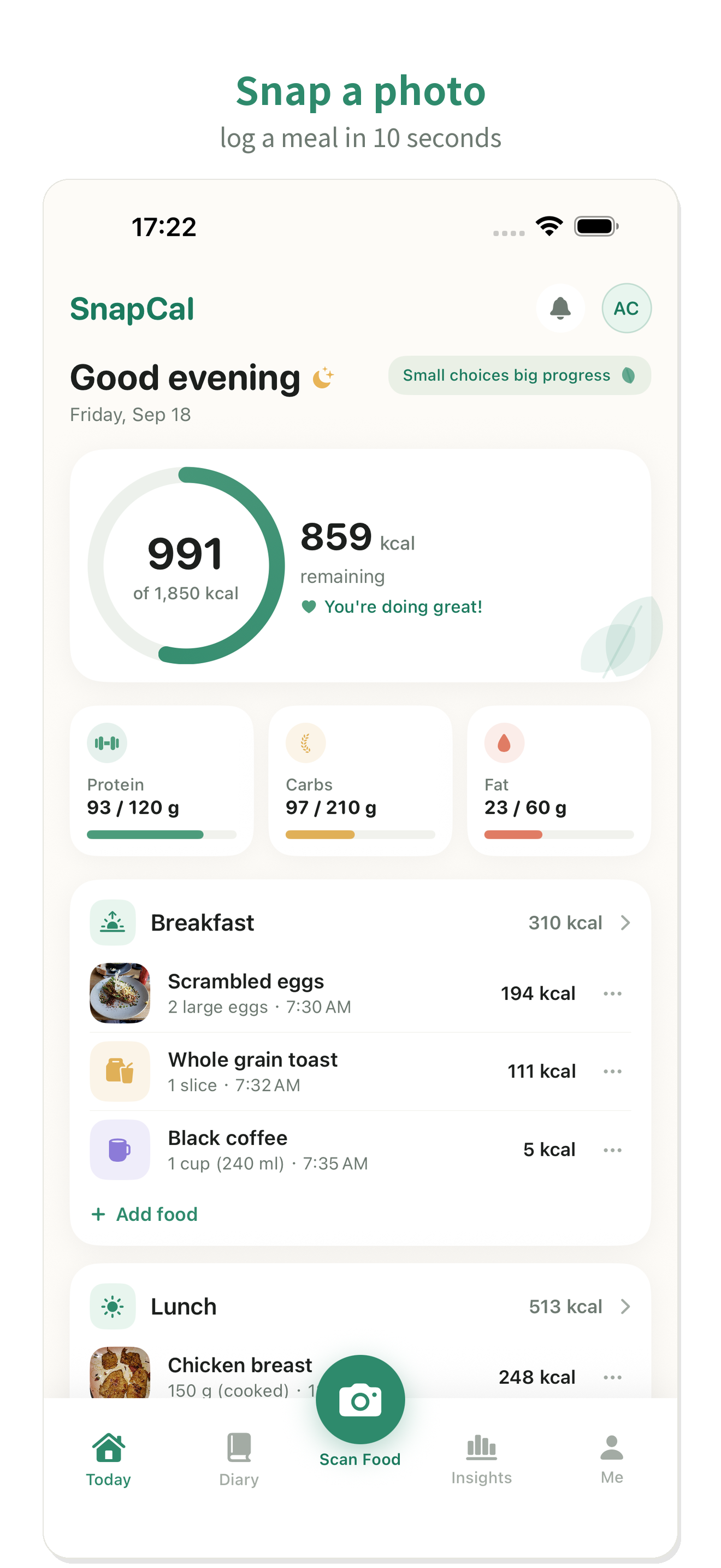 SnapCal Daily calories and macros overview